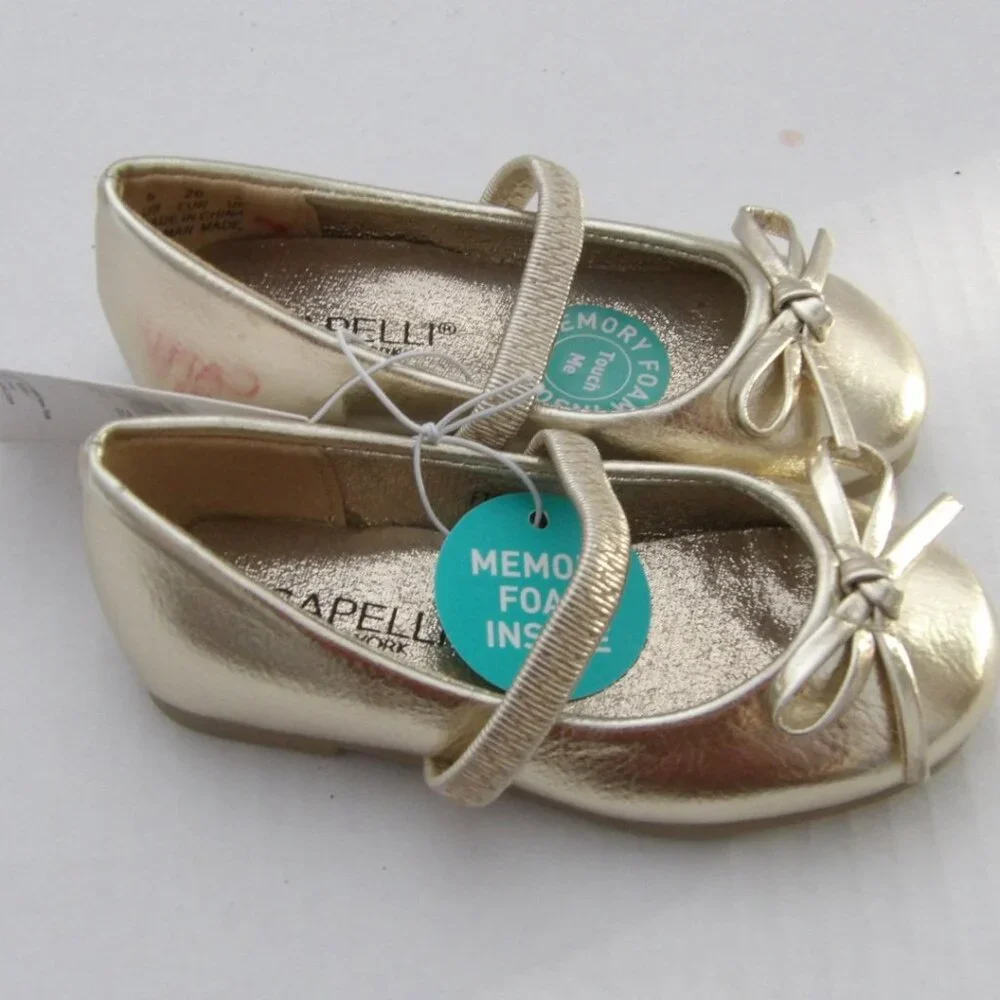 Toddler Girls Capelli Goldtone Mary Jane Style Dress Shoes w/bows, Size 5